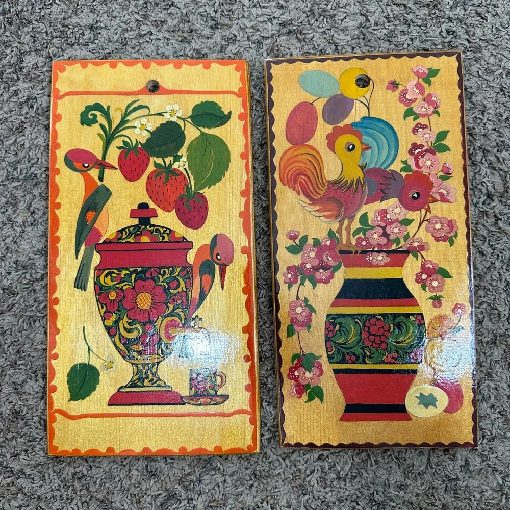Vintage Russian Folk Art Wooden Wall Plaques Pair Khokhloma Style Rooster 1989